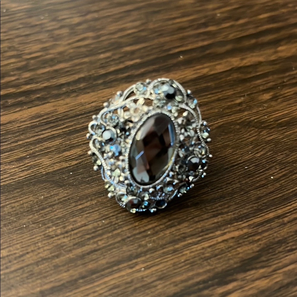 Victorian Revival Cocktail Ring Smoky Faceted Rhinestone Adjustable.